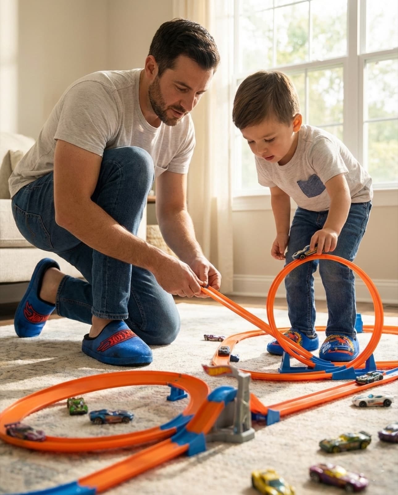 Padre e hijo jugando con Hot Wheels, ambos con zapatillas de casa de la licencia