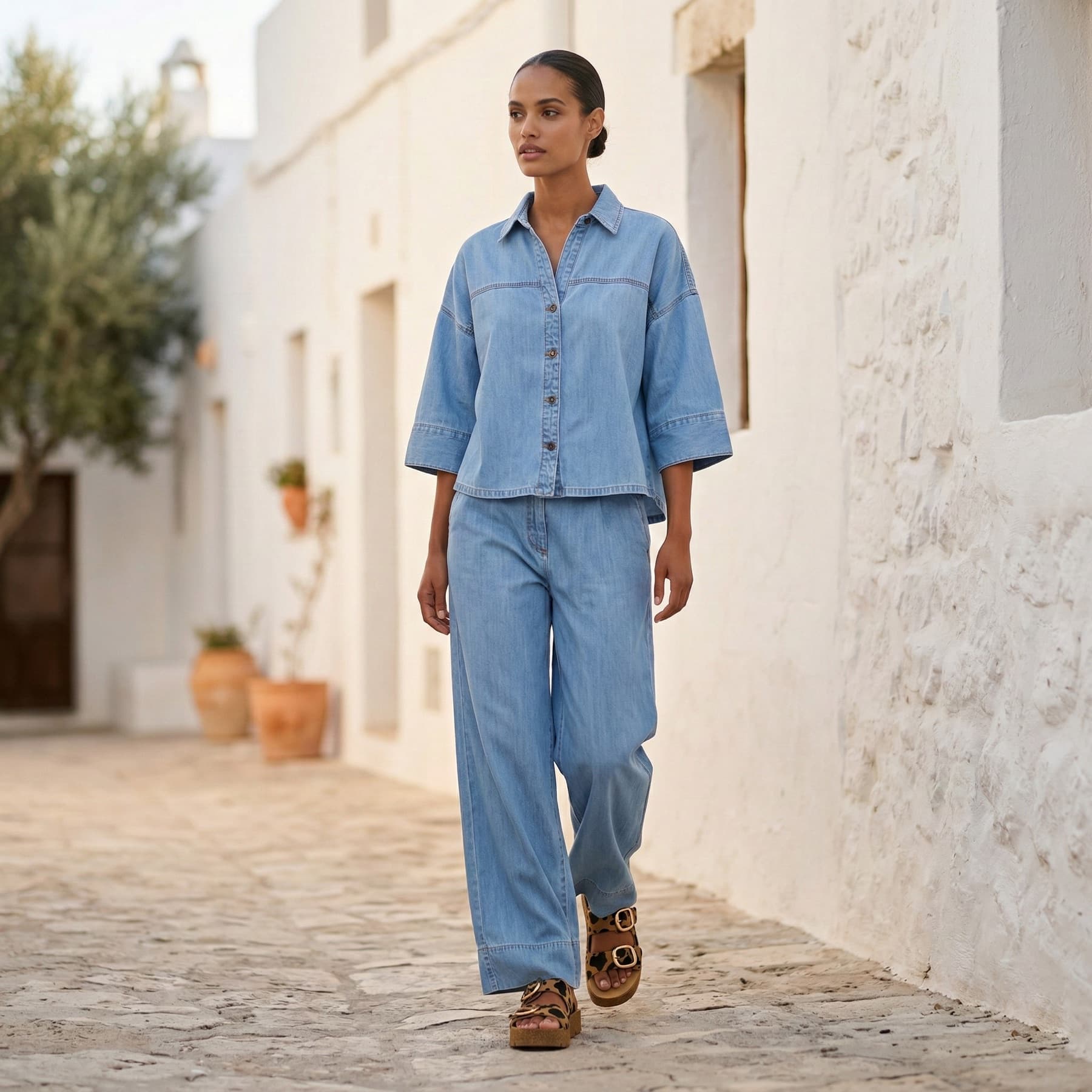 Modelo con sandalias de Ibiza's Heritage en una calle encalada mediterránea