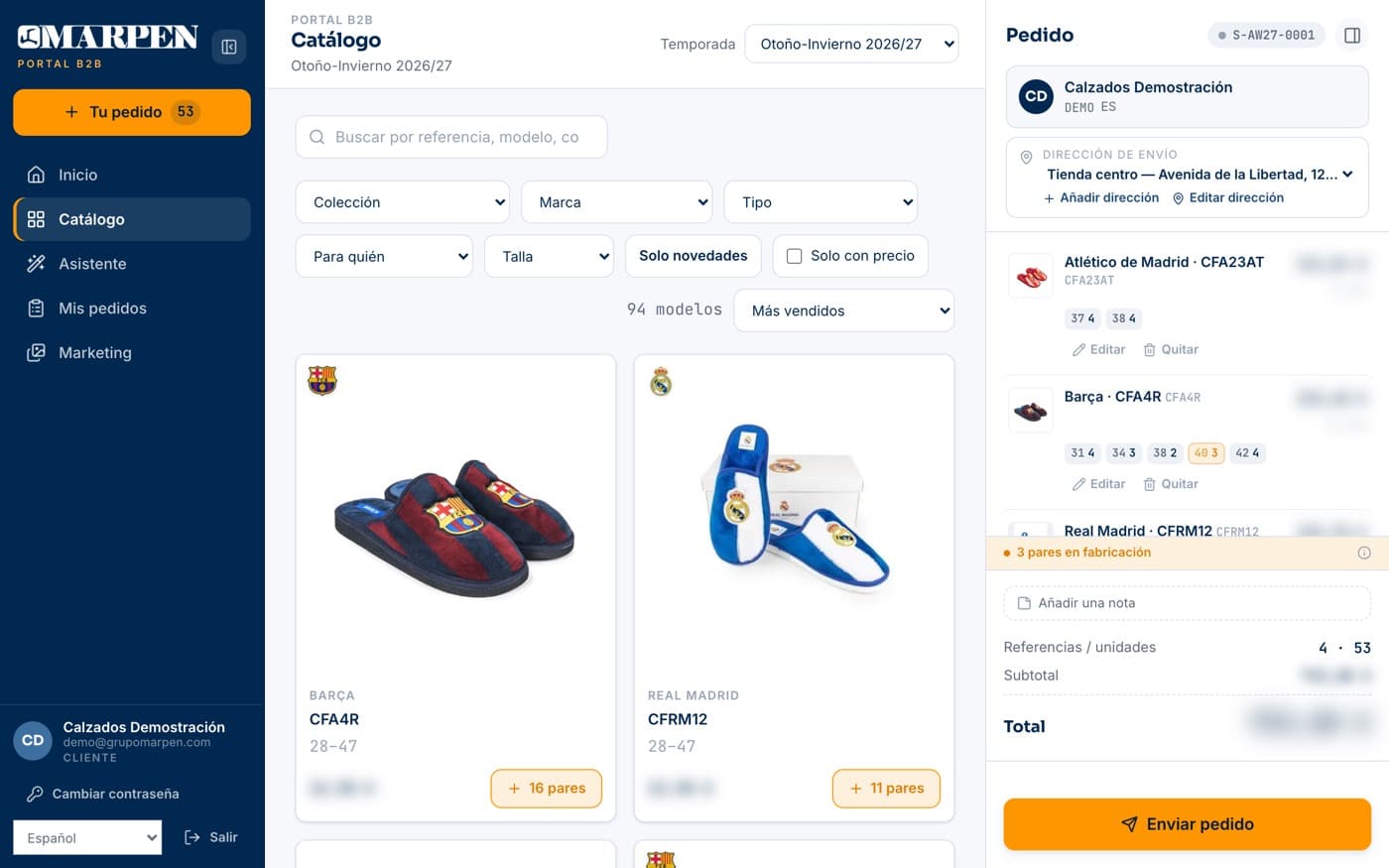 El catálogo del portal B2B: buscador y filtros, las fichas de cada modelo con su referencia y sus tallas, y el pedido en curso abierto a la derecha.